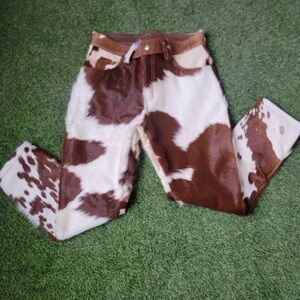 Straight Leg Cowhide Leather Print Pants in Brown & White